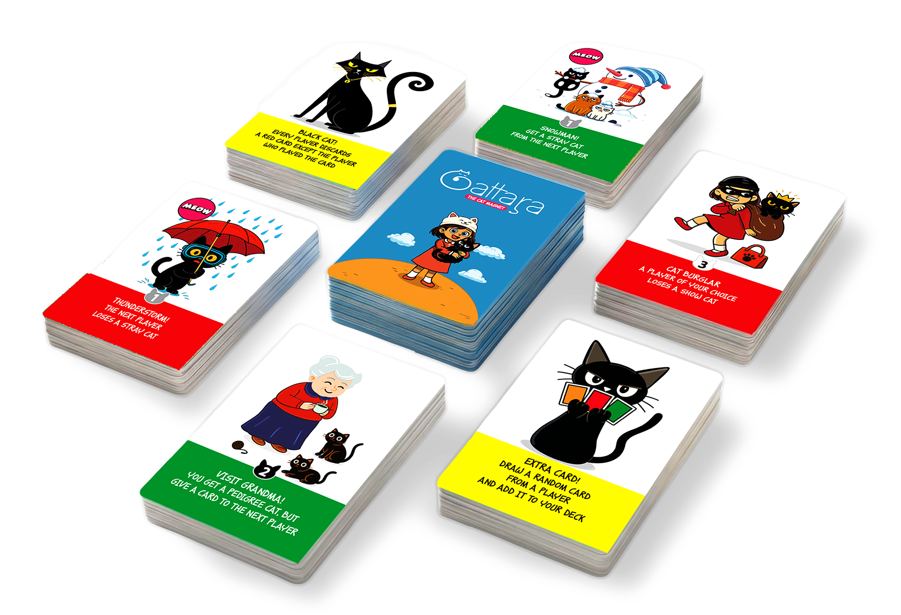 Gattara card types including green, red, yellow and meow cards
