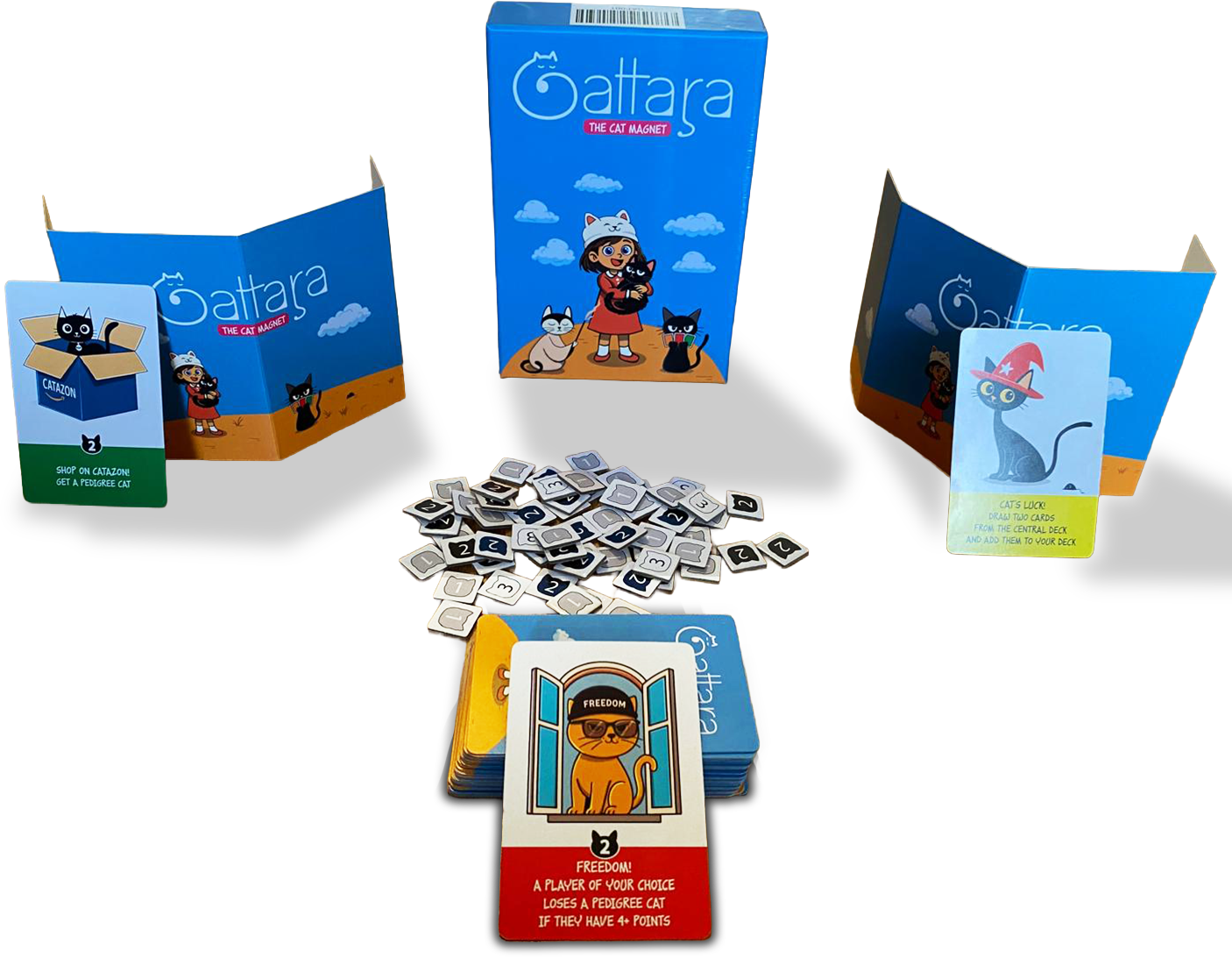 Gattara box contents including cards, cat tokens and player screens