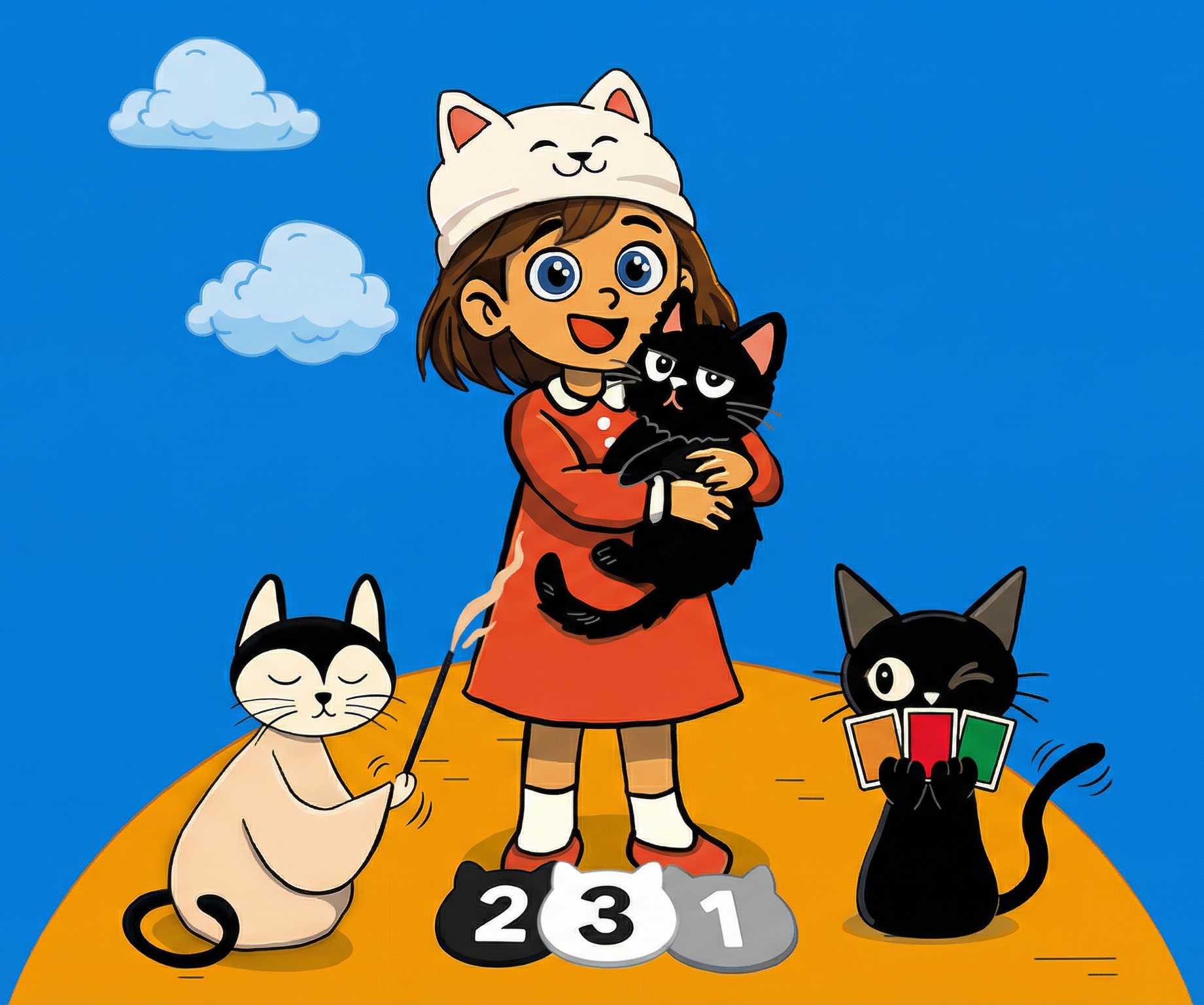 Sara, the main character of Gattara, holding a black cat