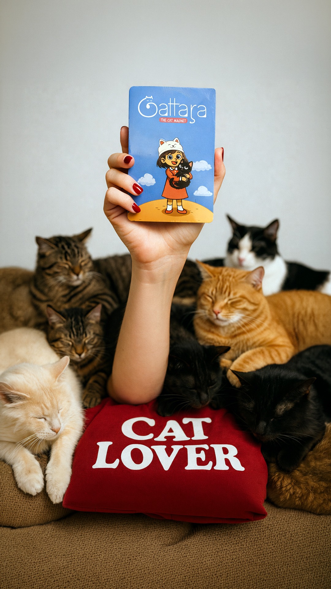 Cat lover holding Gattara box surrounded by cats